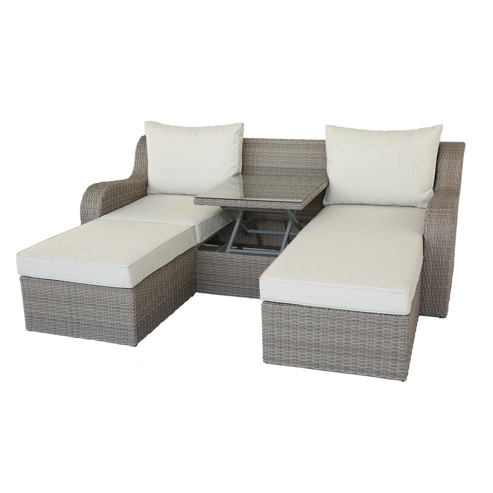 Salena Patio Sofa w/2 Pillows & 2 Ottomans, Beige Fabric & Gray Wicker