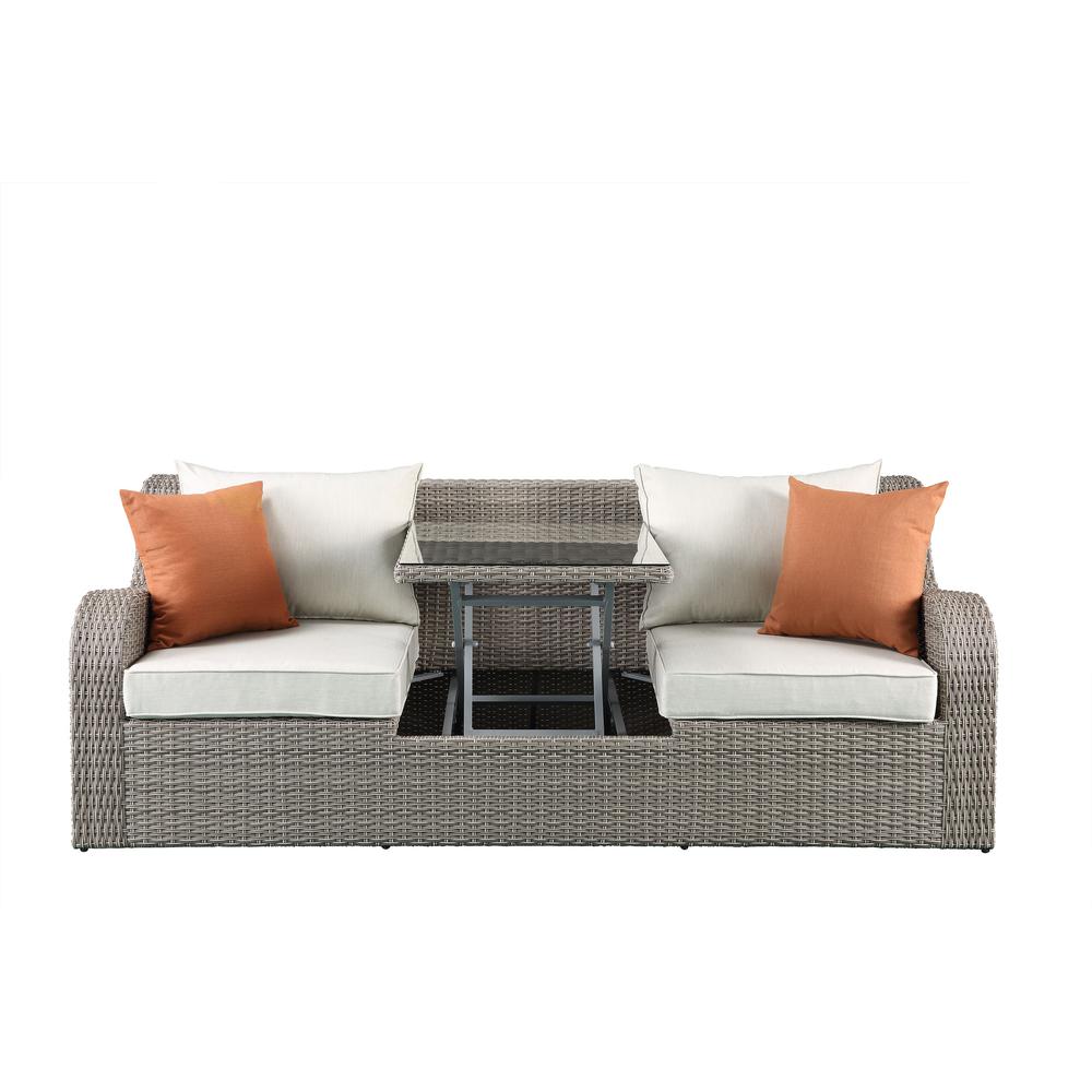 Salena Patio Sofa w/2 Pillows & 2 Ottomans, Beige Fabric & Gray Wicker