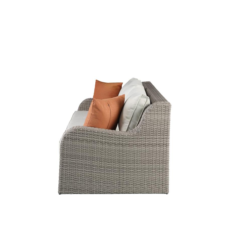 Salena Patio Sofa w/2 Pillows & 2 Ottomans, Beige Fabric & Gray Wicker