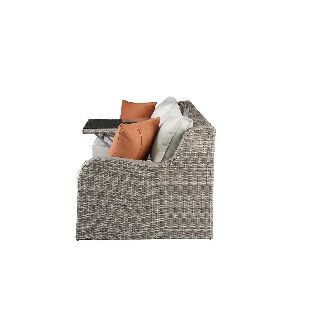 Salena Patio Sofa w/2 Pillows & 2 Ottomans, Beige Fabric & Gray Wicker