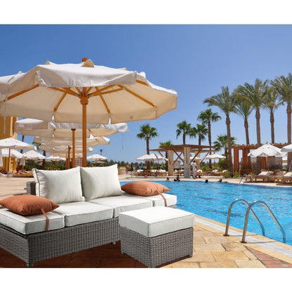 Salena Patio Sofa w/2 Pillows & Ottoman, Beige Fabric & Gray Wicker
