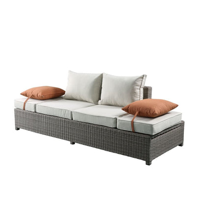 Salena Patio Sofa w/2 Pillows & Ottoman, Beige Fabric & Gray Wicker