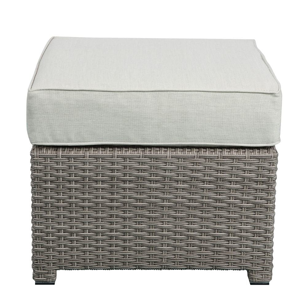 Salena Patio Sofa w/2 Pillows & Ottoman, Beige Fabric & Gray Wicker