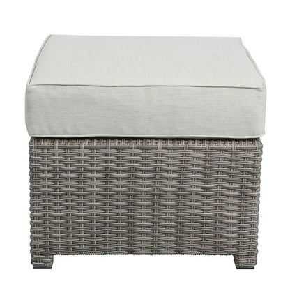 Salena Patio Sofa w/2 Pillows & Ottoman, Beige Fabric & Gray Wicker