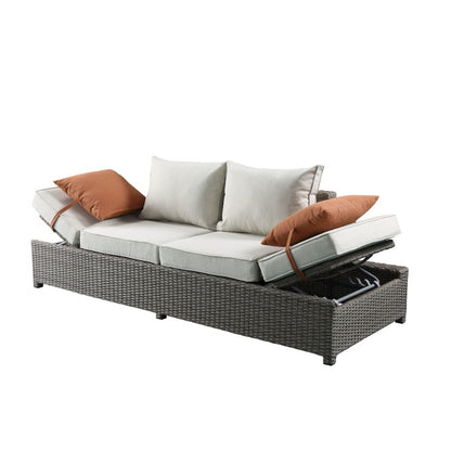Salena Patio Sofa w/2 Pillows & Ottoman, Beige Fabric & Gray Wicker