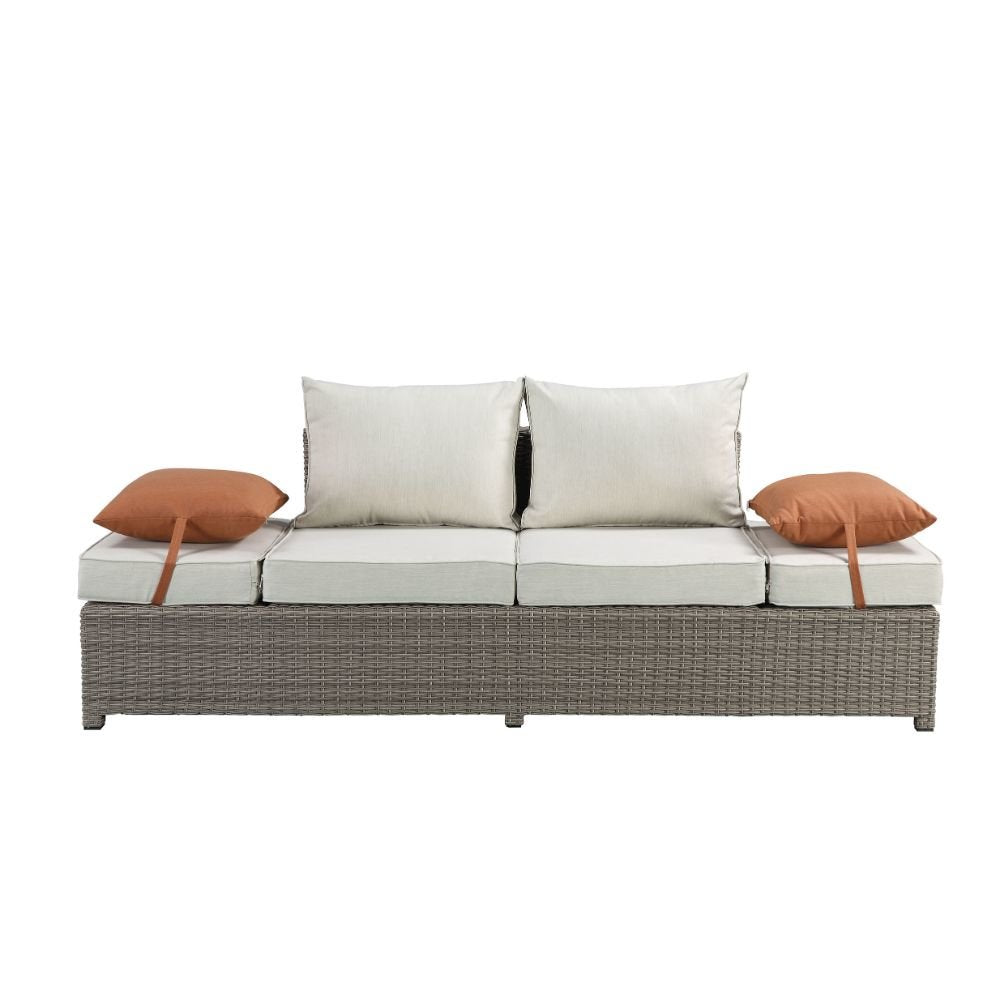 Salena Patio Sofa w/2 Pillows & Ottoman, Beige Fabric & Gray Wicker