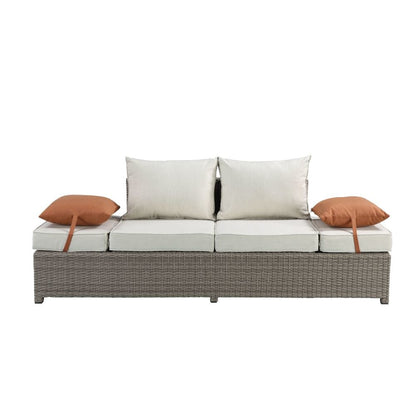 Salena Patio Sofa w/2 Pillows & Ottoman, Beige Fabric & Gray Wicker