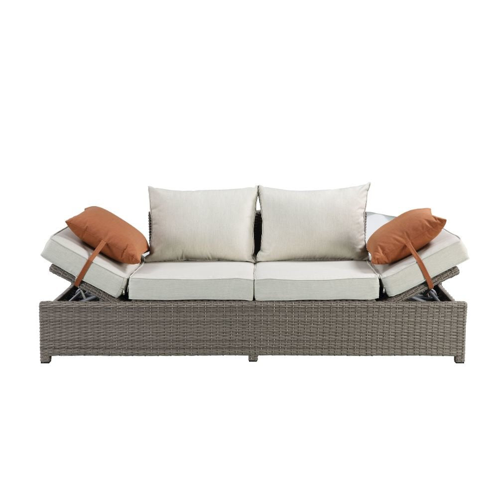 Salena Patio Sofa w/2 Pillows & Ottoman, Beige Fabric & Gray Wicker