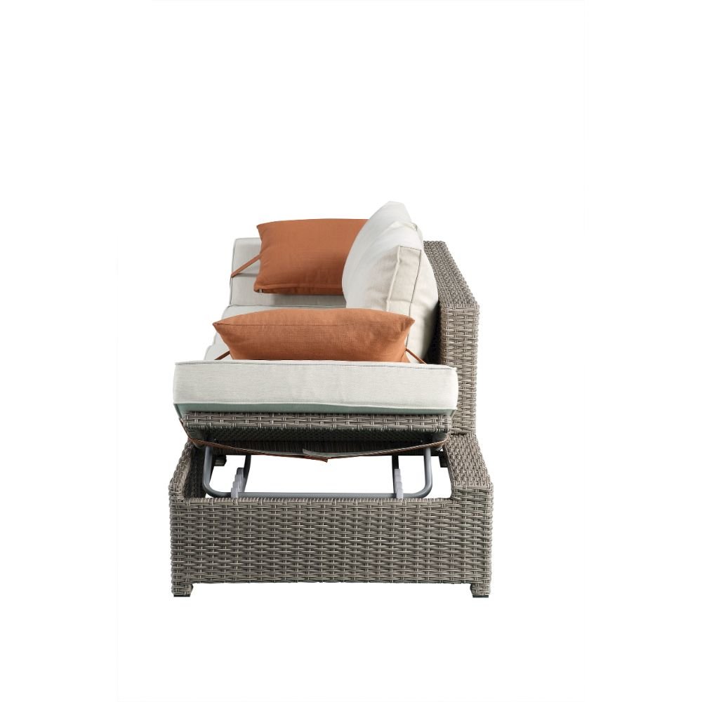 Salena Patio Sofa w/2 Pillows & Ottoman, Beige Fabric & Gray Wicker