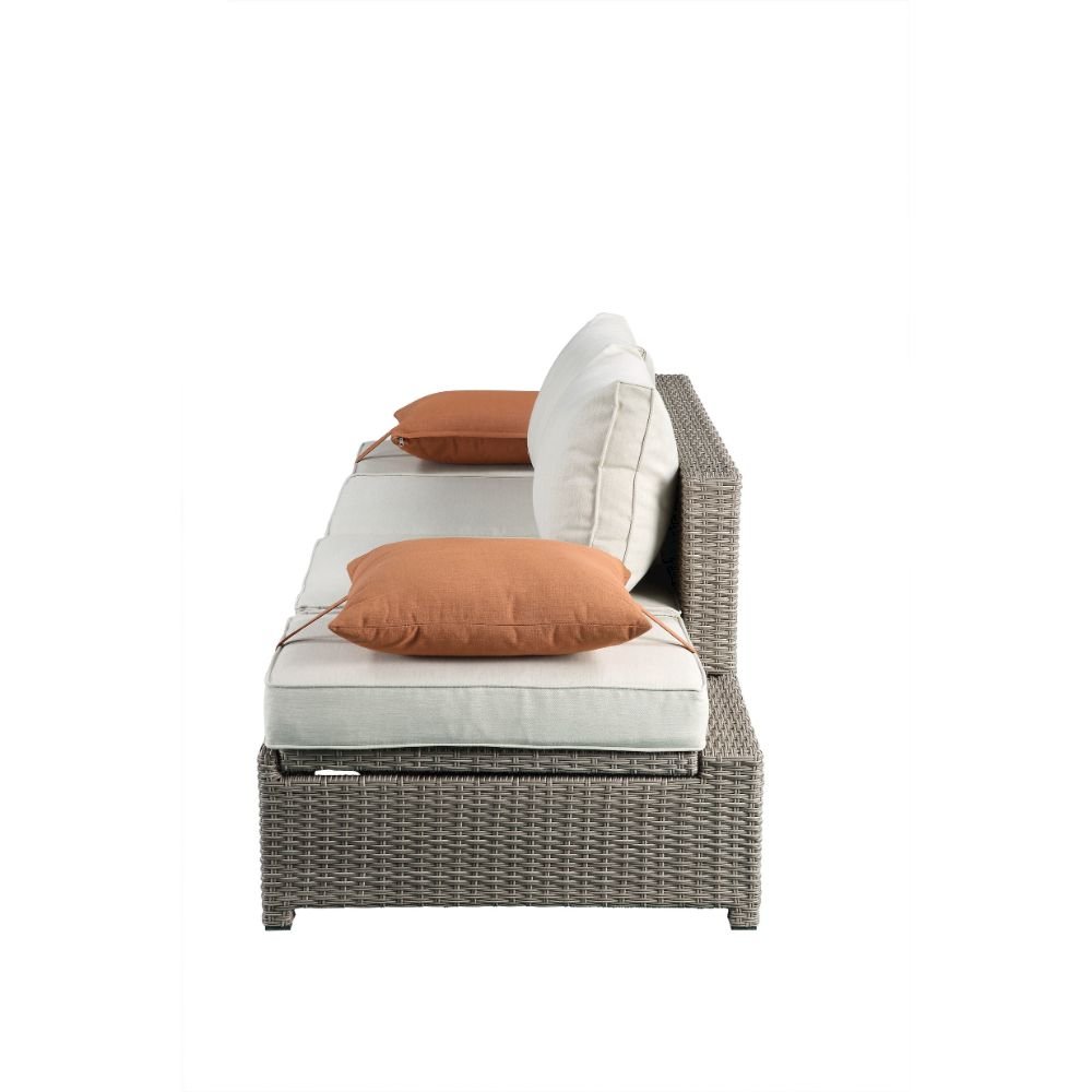 Salena Patio Sofa w/2 Pillows & Ottoman, Beige Fabric & Gray Wicker