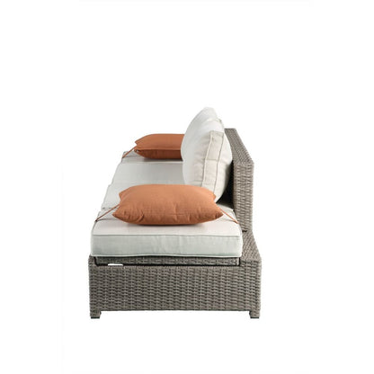 Salena Patio Sofa w/2 Pillows & Ottoman, Beige Fabric & Gray Wicker