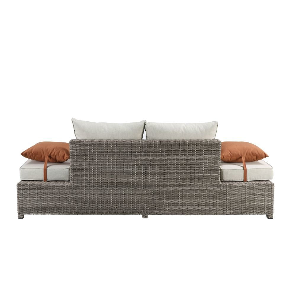 Salena Patio Sofa w/2 Pillows & Ottoman, Beige Fabric & Gray Wicker