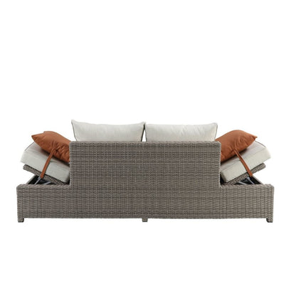 Salena Patio Sofa w/2 Pillows & Ottoman, Beige Fabric & Gray Wicker