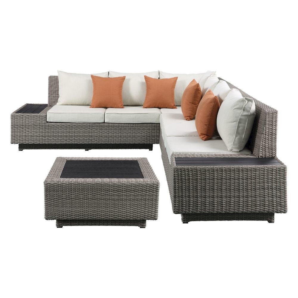 Salena Patio Sectional Sofa w/4 Pillows & Coffee Table, Beige Fabric