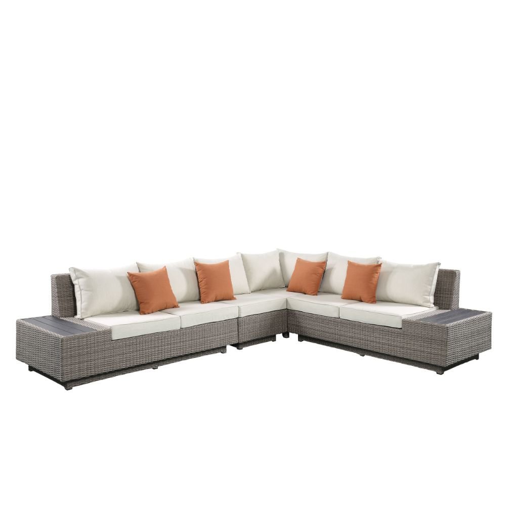 Salena Patio Sectional Sofa w/4 Pillows & Coffee Table, Beige Fabric