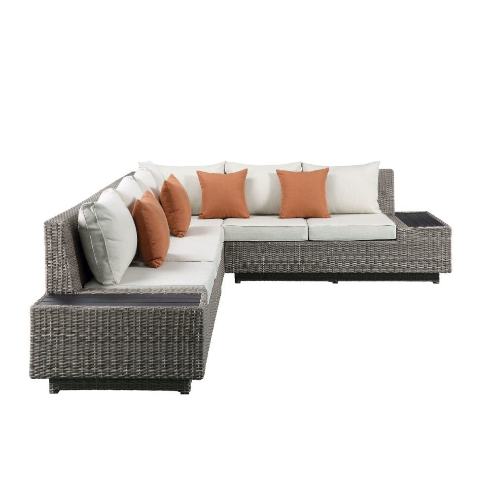Salena Patio Sectional Sofa w/4 Pillows & Coffee Table, Beige Fabric
