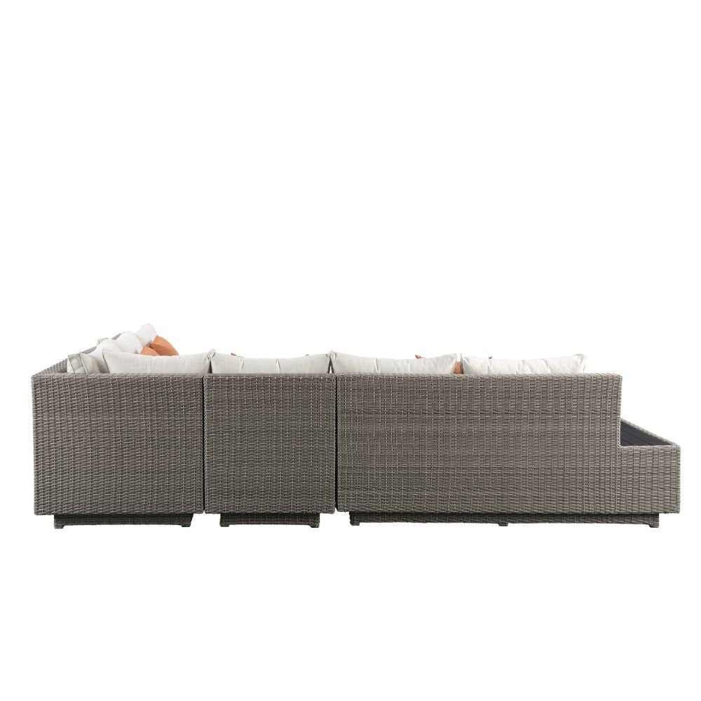 Salena Patio Sectional Sofa w/4 Pillows & Coffee Table, Beige Fabric