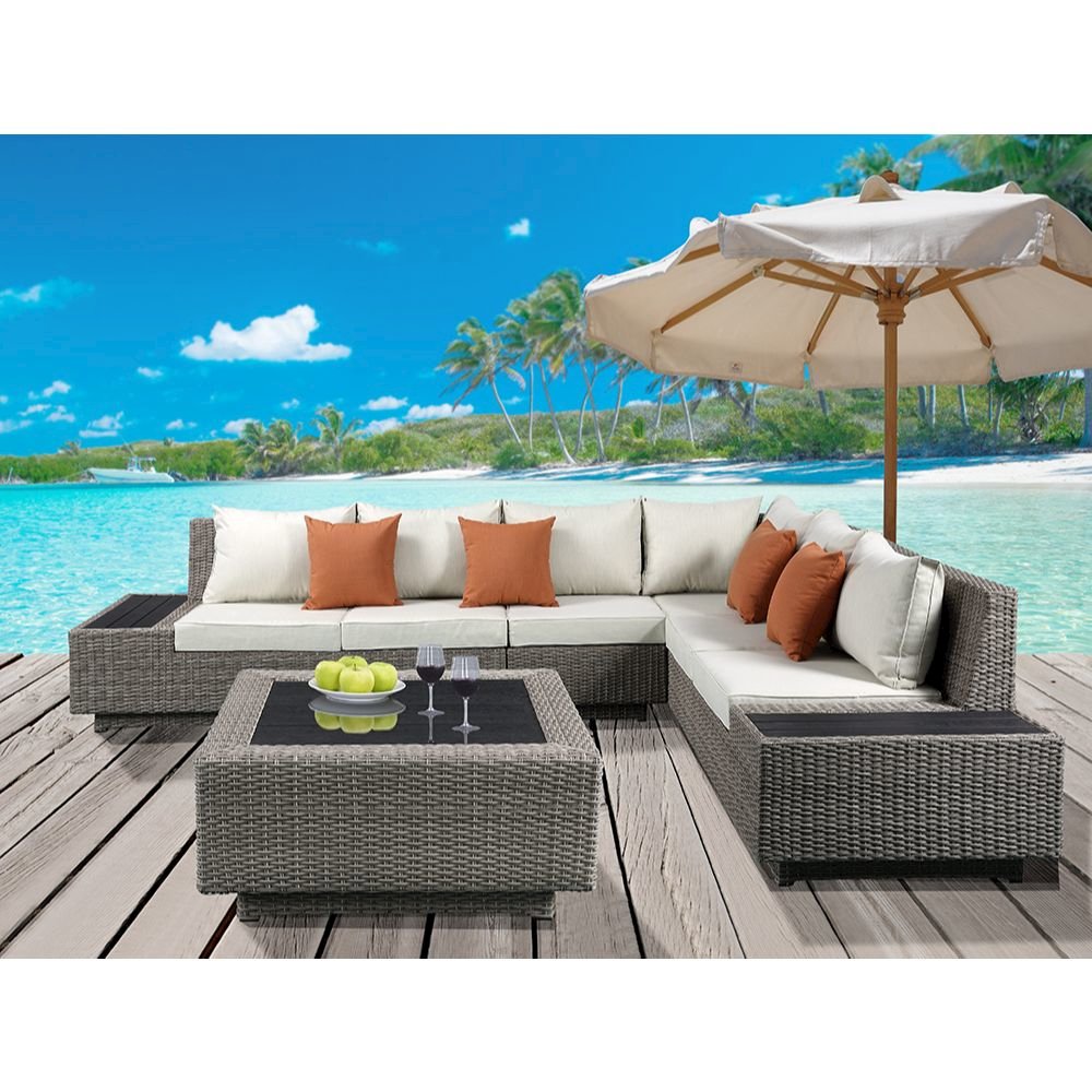 Salena Patio Sectional Sofa w/4 Pillows & Coffee Table, Beige Fabric
