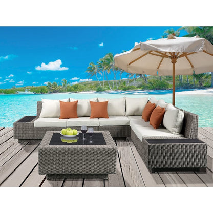 Salena Patio Sectional Sofa w/4 Pillows & Coffee Table, Beige Fabric