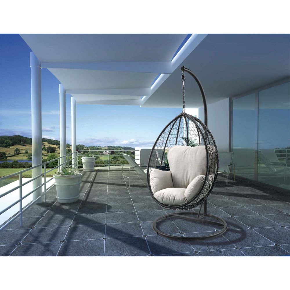 Simona Hanging Chair, Beige Fabric & Black Wicker