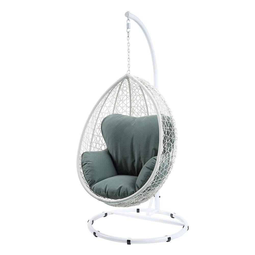 Simona Hanging Chair, Green Fabric & White Wicker
