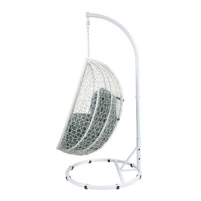 Simona Hanging Chair, Green Fabric & White Wicker
