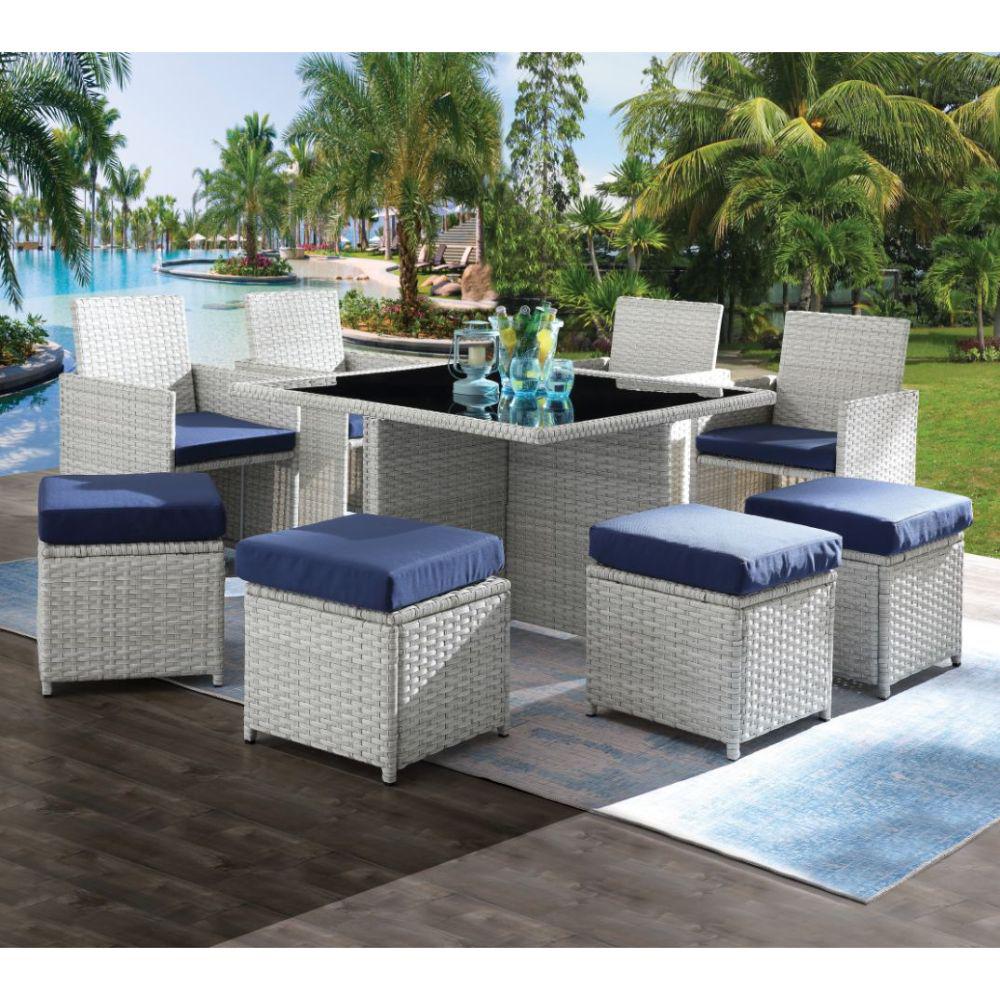 Paitalyi 9Pc Bistro Set, Blue Fabric & Wicker