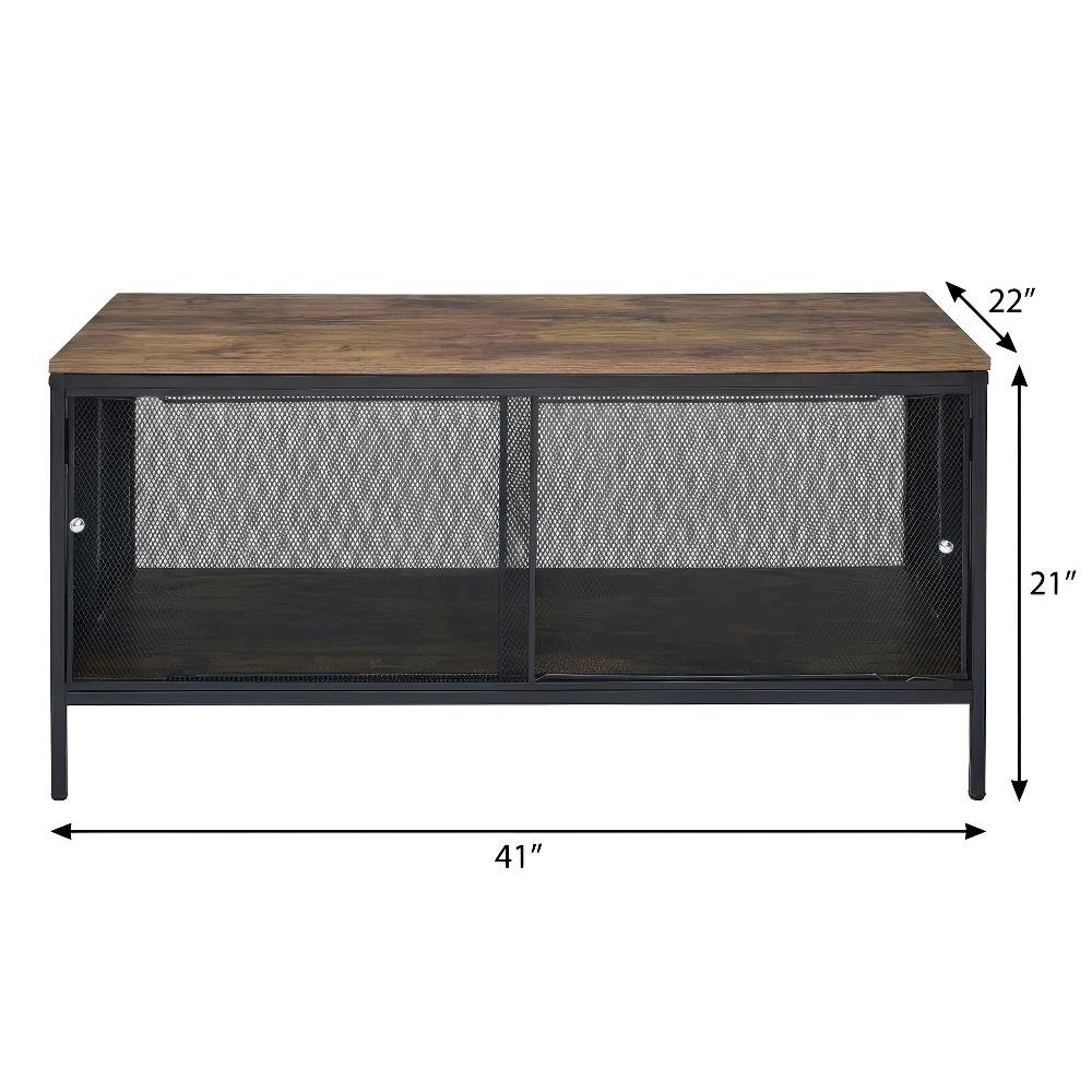 Coffee Table Antique Oak and Black Metal Tube Frame with Veneer Top, MDF Base