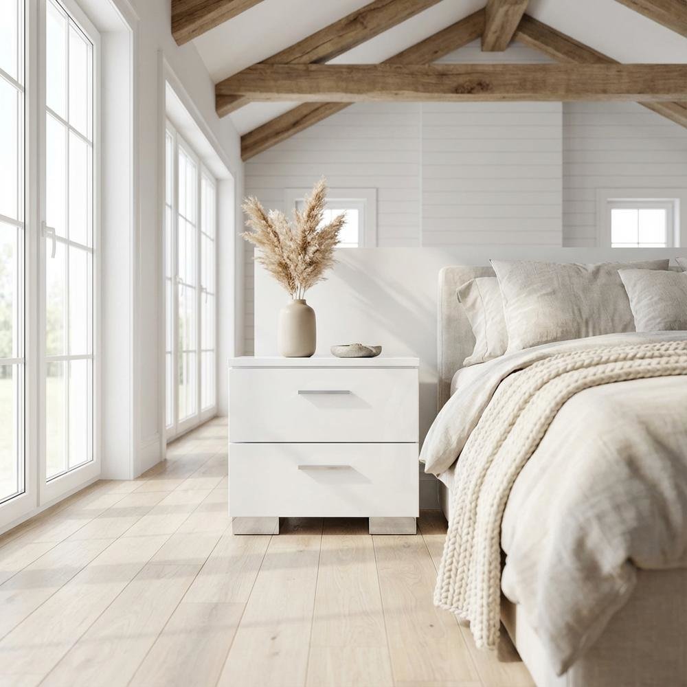 White Nightstand with Chrome Legs for Modern Bedroom Decor