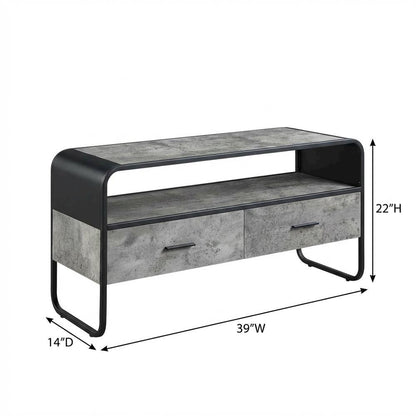 Industrial-style TV stand, concrete gray, black finish, made from particleboard