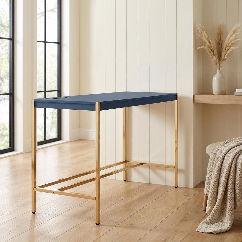 Contemporary Navy Blue And Gold Finish Writing Desk With Mdf And Metal