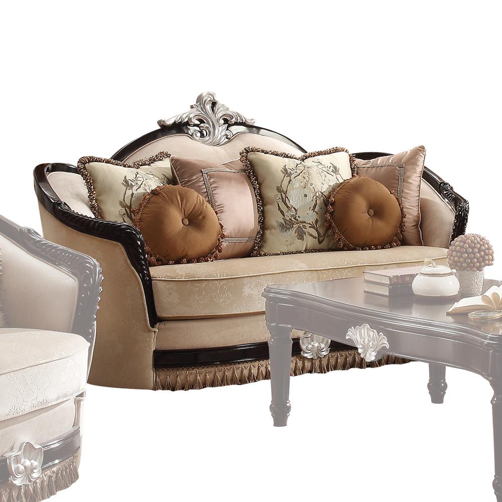 Ernestine Loveseat w/6 Pillows, Tan Fabric & Black