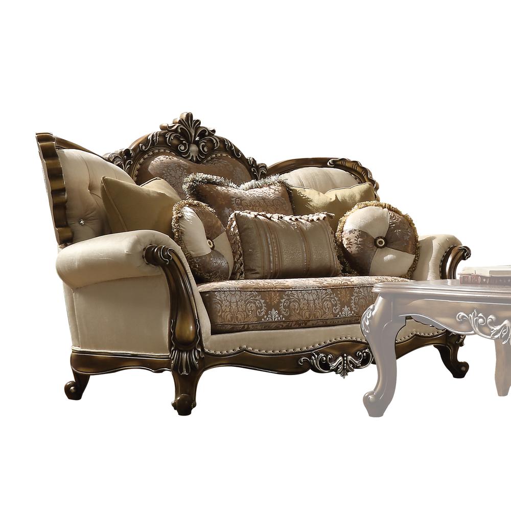 Latisha Loveseat w/6 Pillows(Same LV01577), Tan, Pattern Fabric & Antique Oak