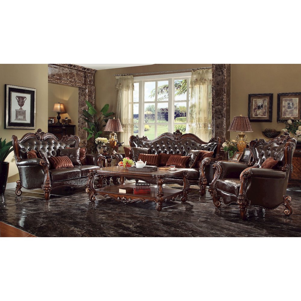 Versailles Sofa w/7 Pillows, Two Tone Dark Brown Leatherette & Cherry Oak