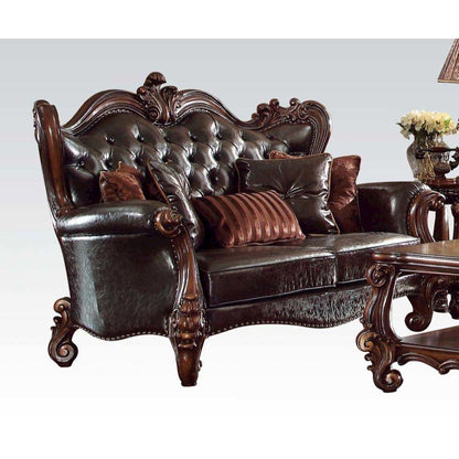 Versailles Loveseat w/5 Pillows, Two Tone Dark Brown Leatherette & Cherry Oak