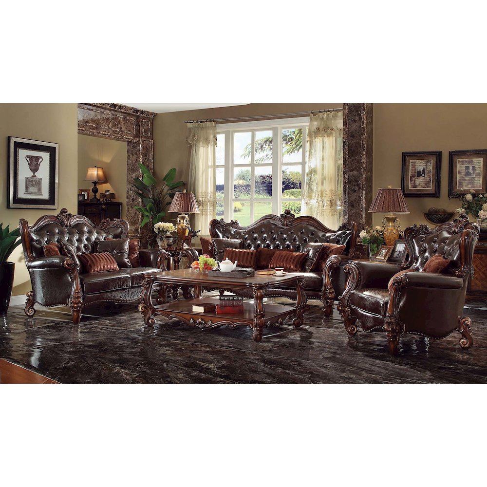 Versailles Loveseat w/5 Pillows, Two Tone Dark Brown Leatherette & Cherry Oak
