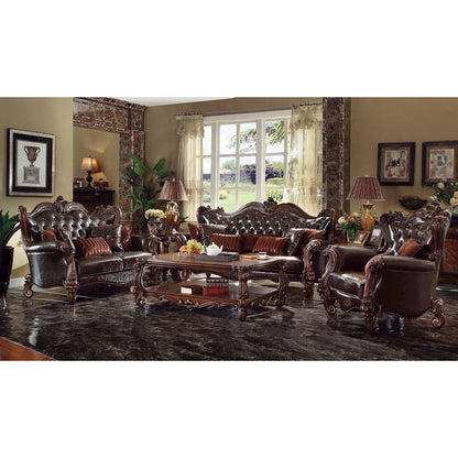 Versailles Loveseat w/5 Pillows, Two Tone Dark Brown Leatherette & Cherry Oak