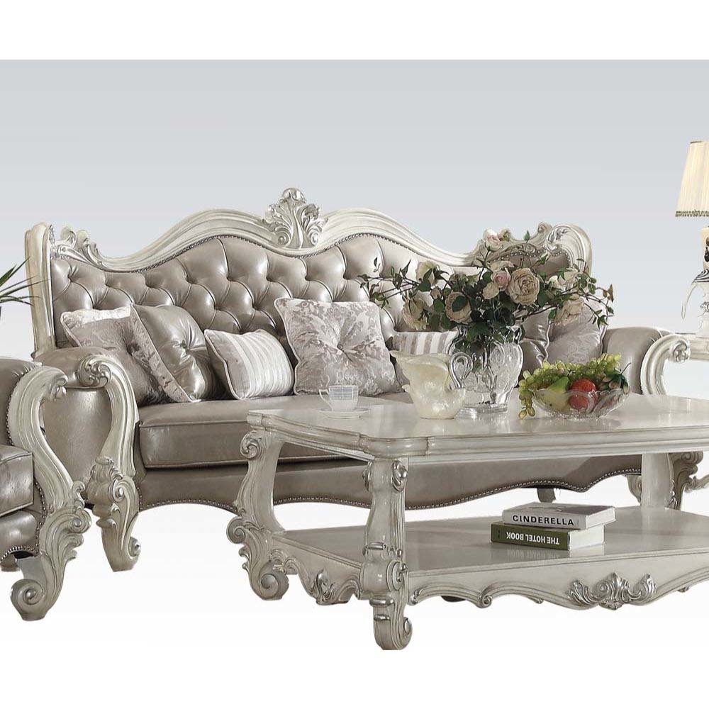 Versailles Sofa w/7 Pillows, Vintage Gray Leatherette & Bone White