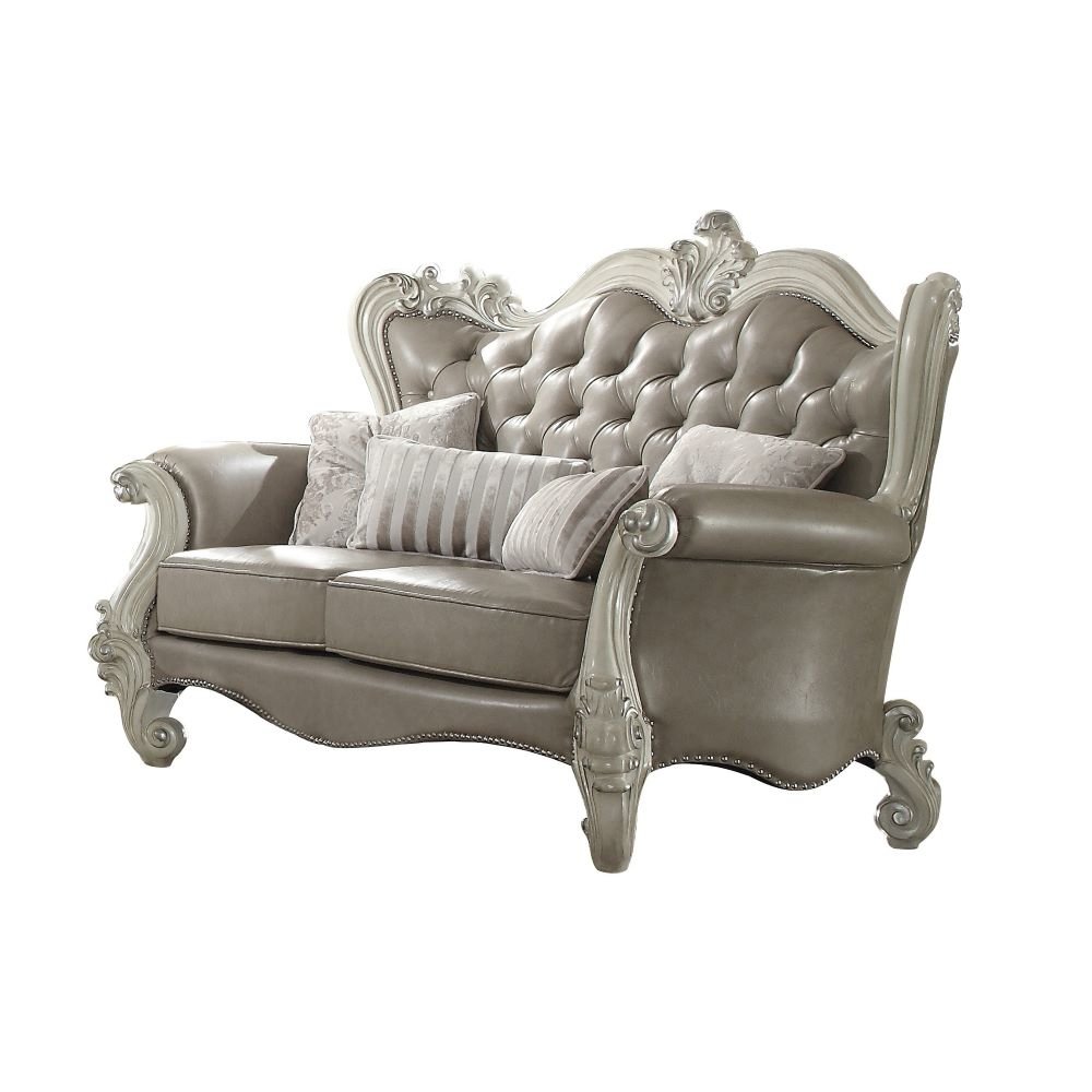 Versailles Loveseat w/4 Pillows, Vintage Gray Leatherette & Bone White