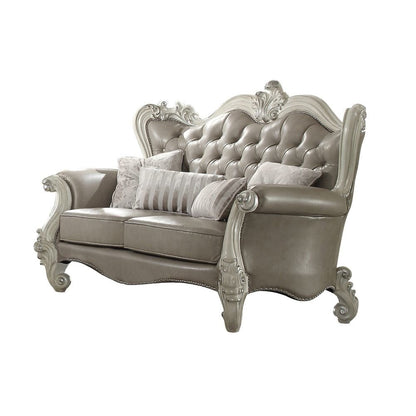 Versailles Loveseat w/4 Pillows, Vintage Gray Leatherette & Bone White