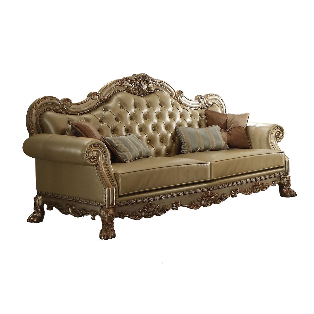 Dresden Sofa w/4 Pillows, Bone Leatherette & Gold Patina