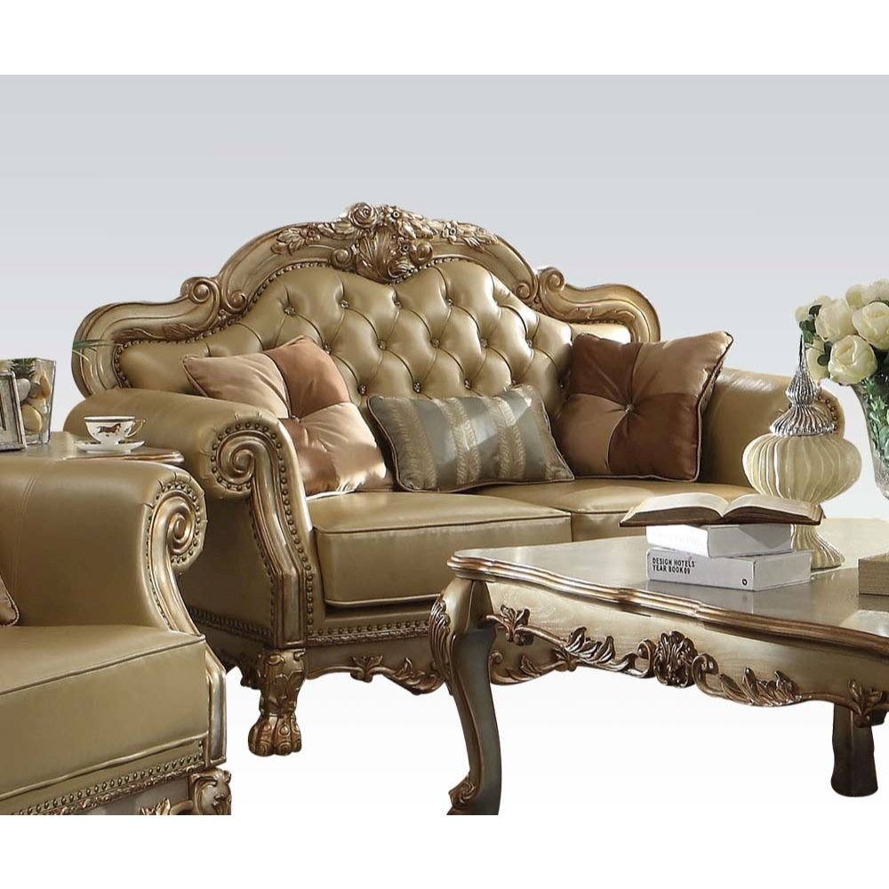 Dresden Loveseat w/3 Pillows, Bone Leatherette & Gold Patina