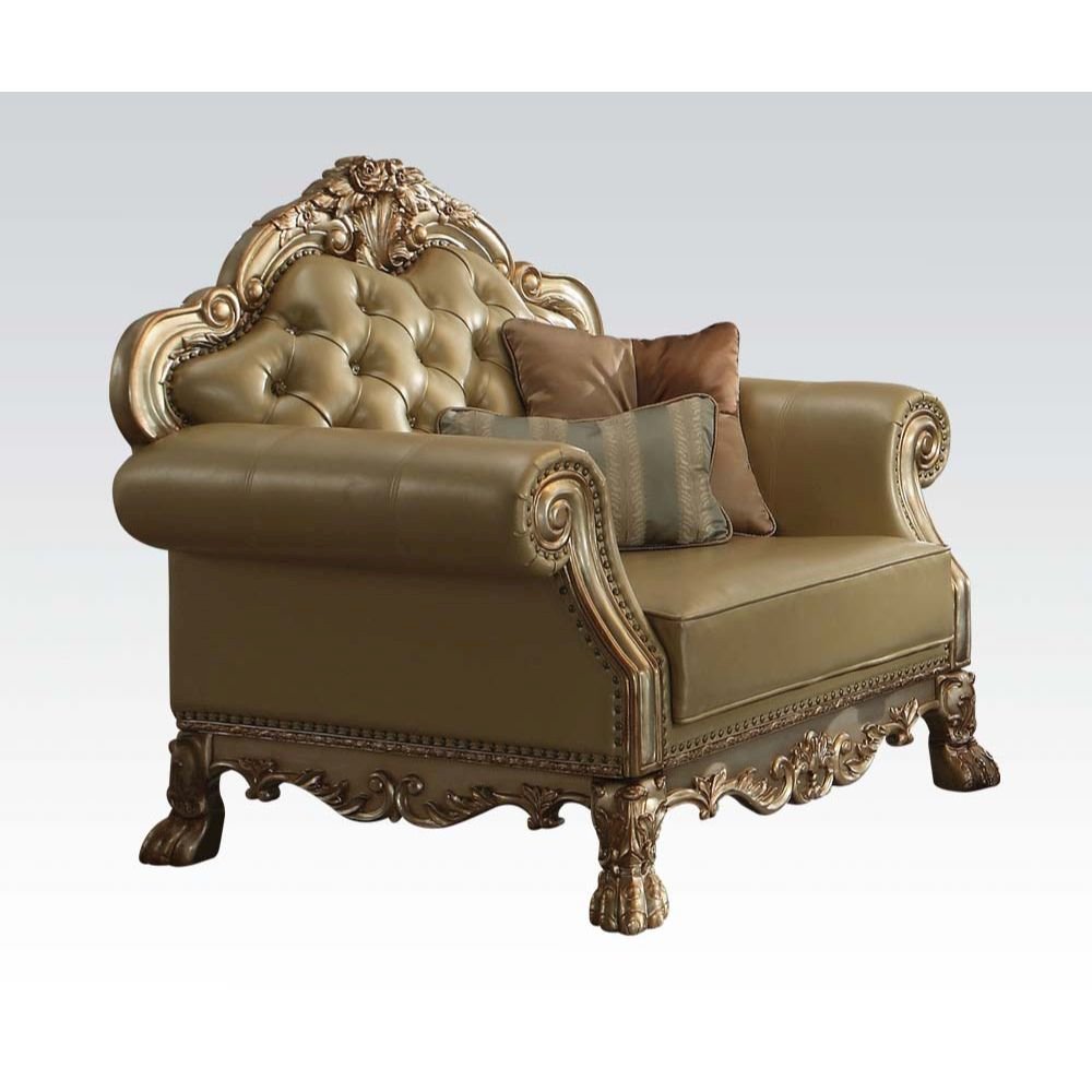 Dresden Chair w/2 Pillows, Bone Leatherette & Gold Patina