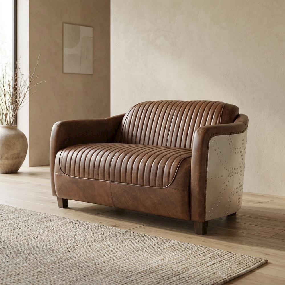 Top Grain Leather Loveseat, Industrial Style, Retro Brown Top Grain Leather