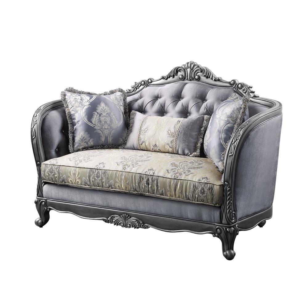 Ariadne Loveseat w/3 Pillows, Fabric & Platinum
