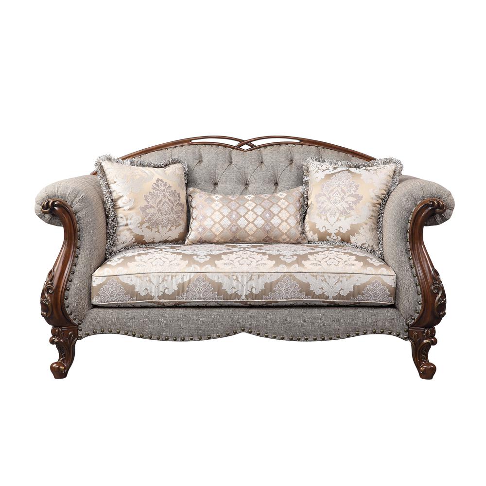 Miyeon Loveseat w/3 Pillows, Fabric & Cherry