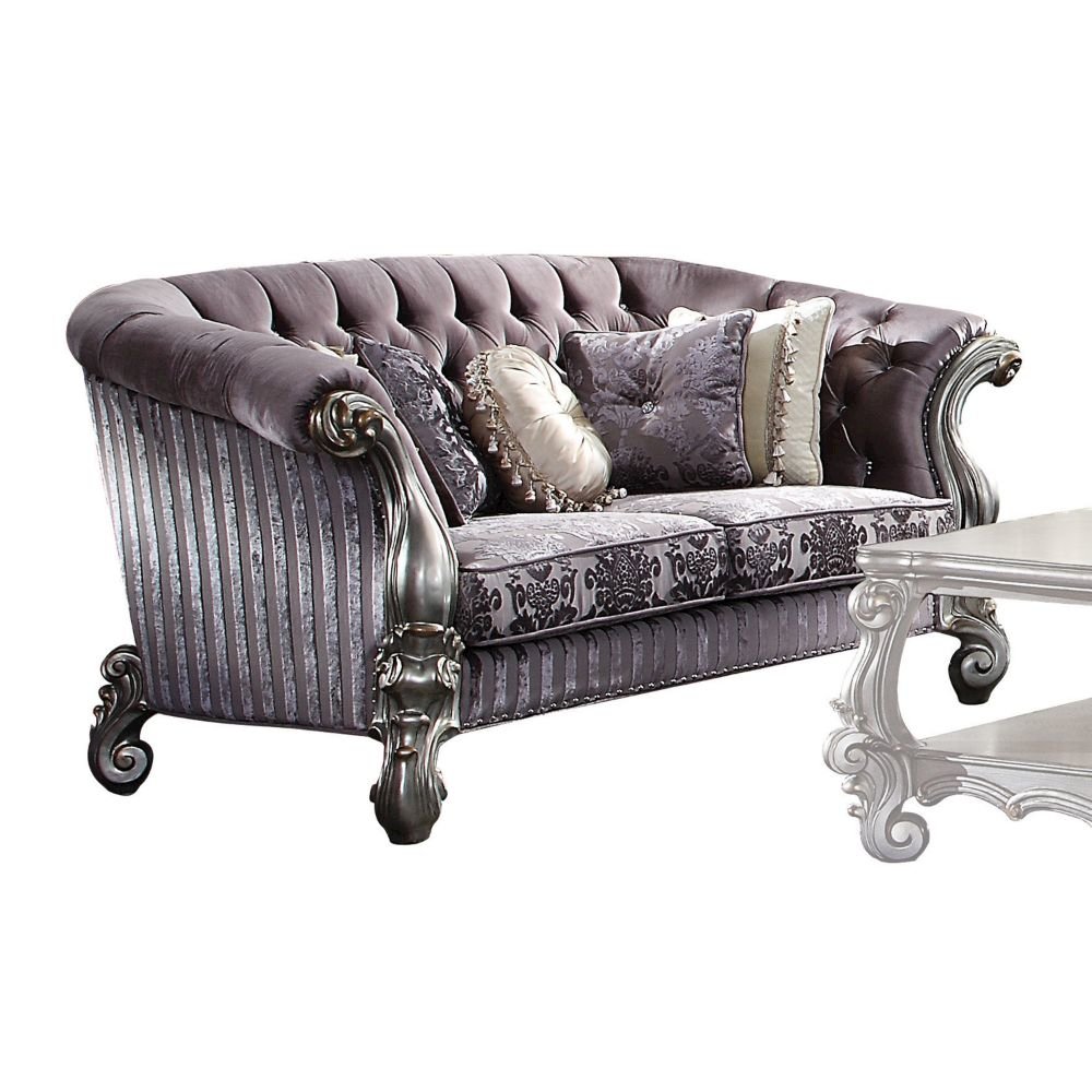 Versailles Loveseat w/5 Pillows, Velvet & Antique Platinum