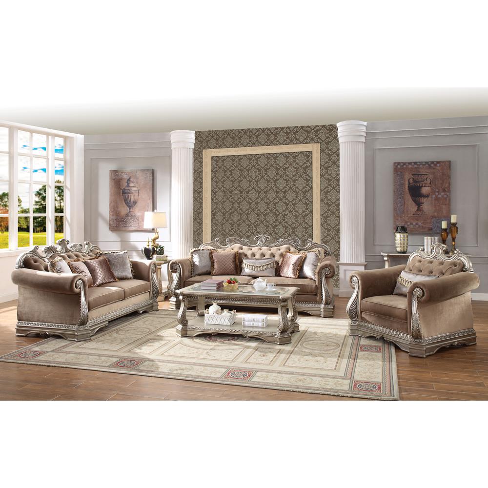 Northville Sofa w/5 Pillows, Velvet & Antique Silver