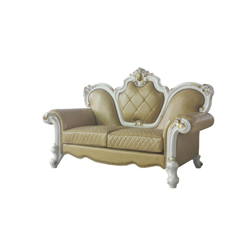 Picardy Loveseat w/3 Pillows, Butterscotch Leatherette & Antique Pearl
