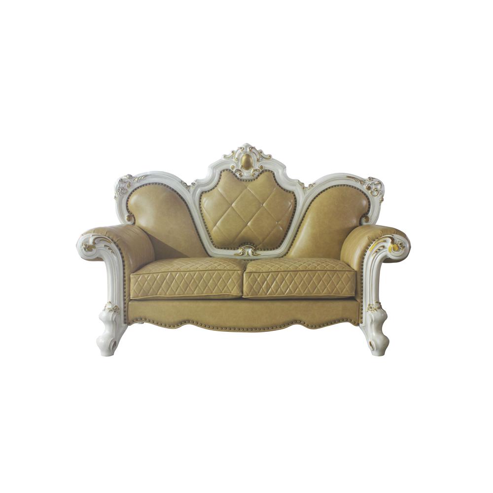 Picardy Loveseat w/3 Pillows, Butterscotch Leatherette & Antique Pearl
